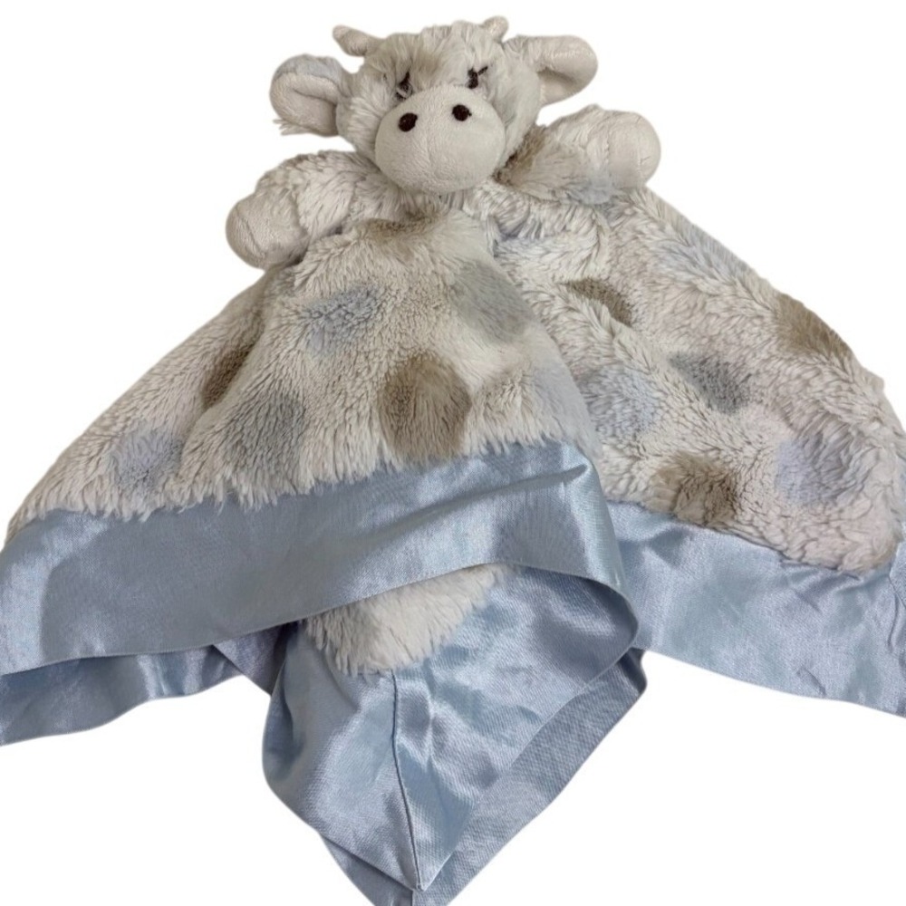 Little Giraffe Cow lovey spots polka-dot security blanket blue tan white Satin